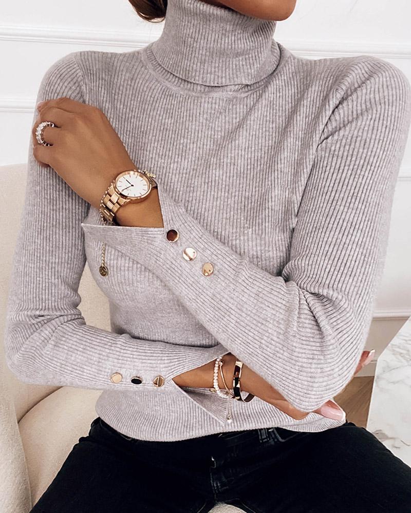 

High Neck Buttoned Plain Casual Sweater, Gray