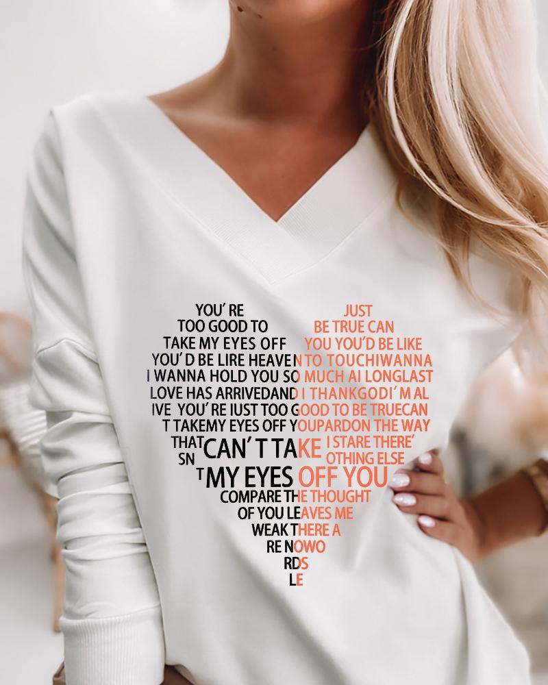 

V Neck Letter Heart Pattern Long Sleeve Casual Top, White
