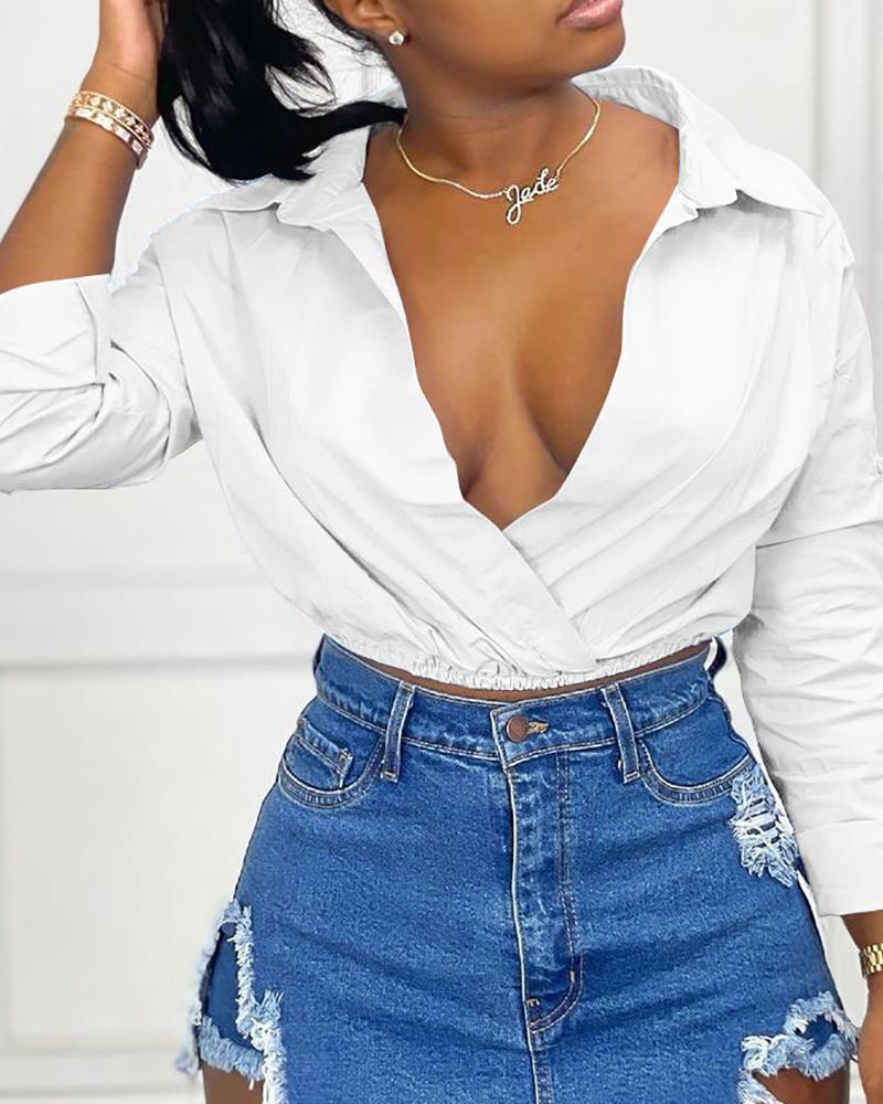 

Ruched Long Sleeve Crop Shirt, White
