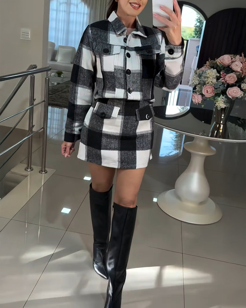 

Blusa de manga larga con cuello vuelto y estampado de cuadros y falda informal a cuadros con bolsillo, Black