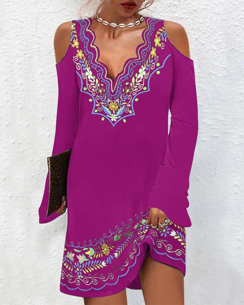 

Tribal Print Cold Shoulder Casual Dress, Hot pink