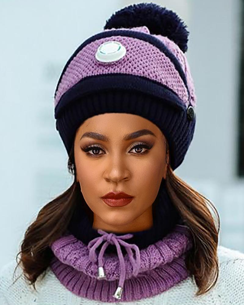 

Knit Pom Pom Beanie With Scarf & Vavle Face Mask, Purple