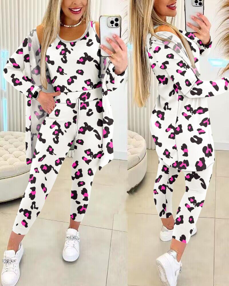 

Pink Leopard Print Tank Top & Drawstring Pants Set With Coat, White