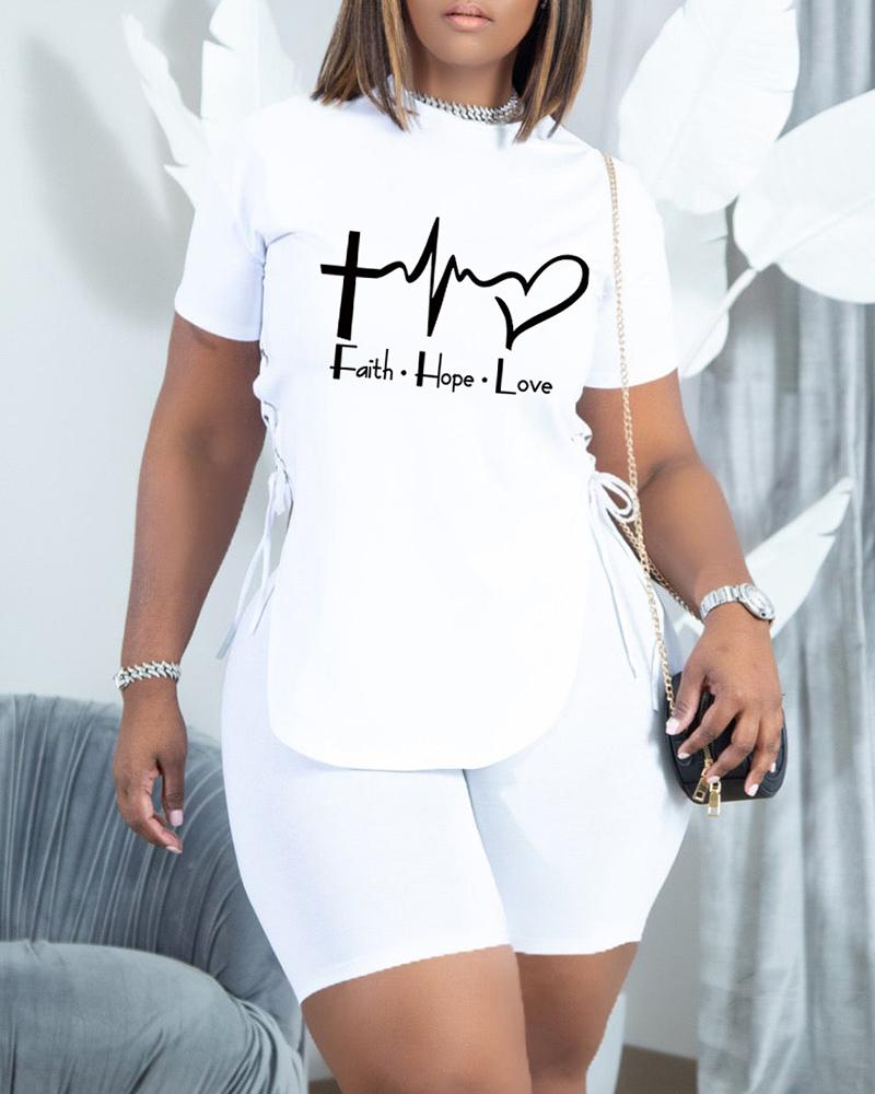 

Heart Letter Print Eyelet Lace-up T-shirt & Shorts Set, White