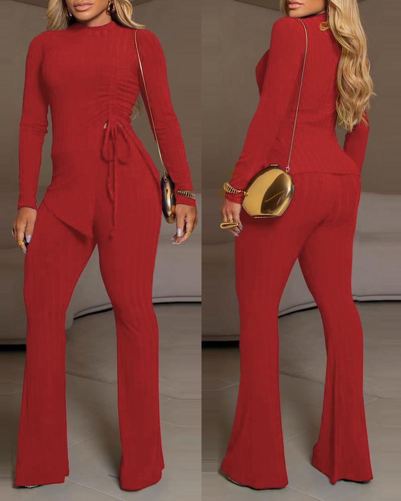 

Side Drawstring Slit Ribbed Top & Flared Pants Set, Red