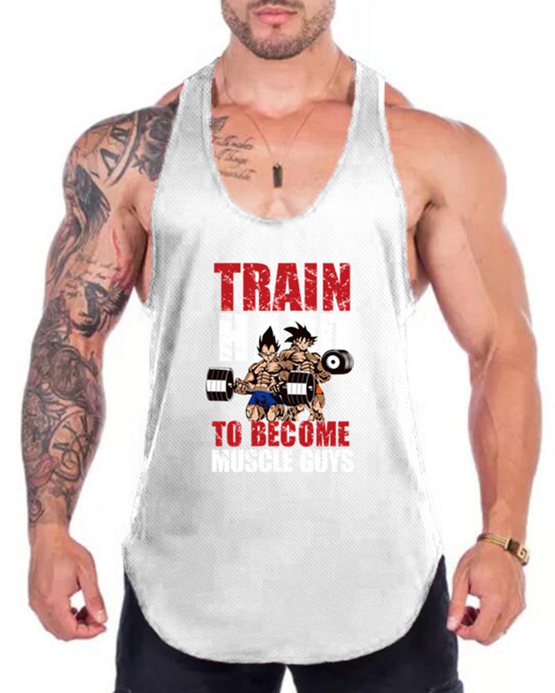 

Cartoon & Letter Print Sleeveless Sport Tank, White