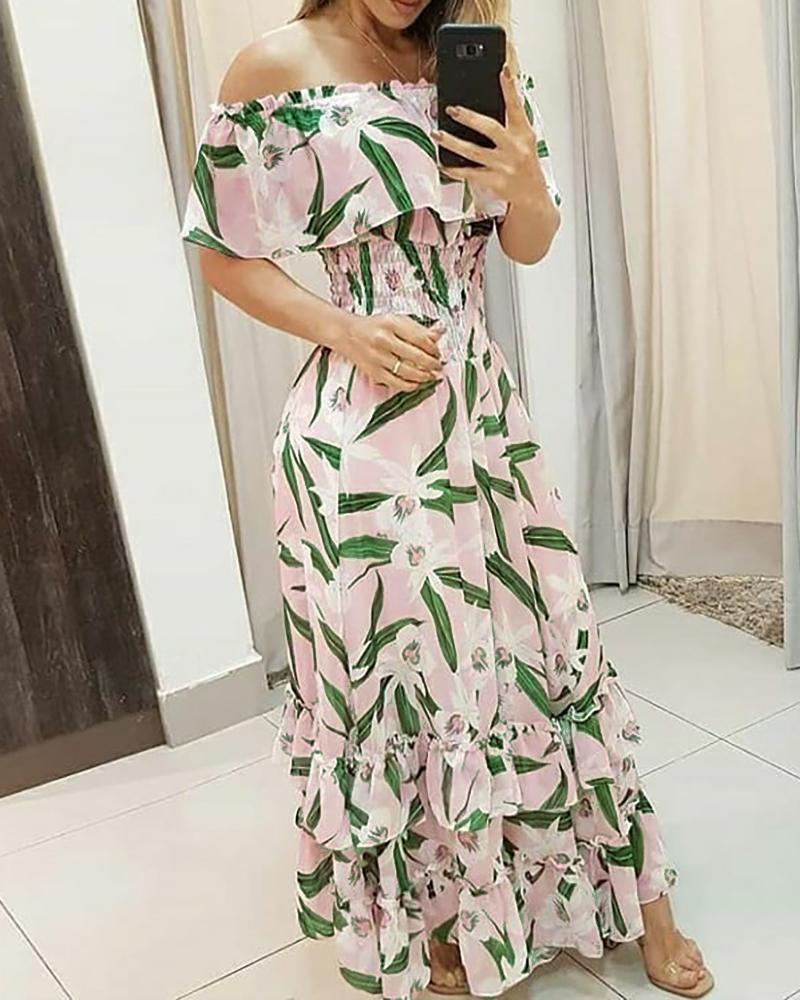 

Off Shoulder Shirred Floral Print Frill Hem Maxi Dress, Multicolor