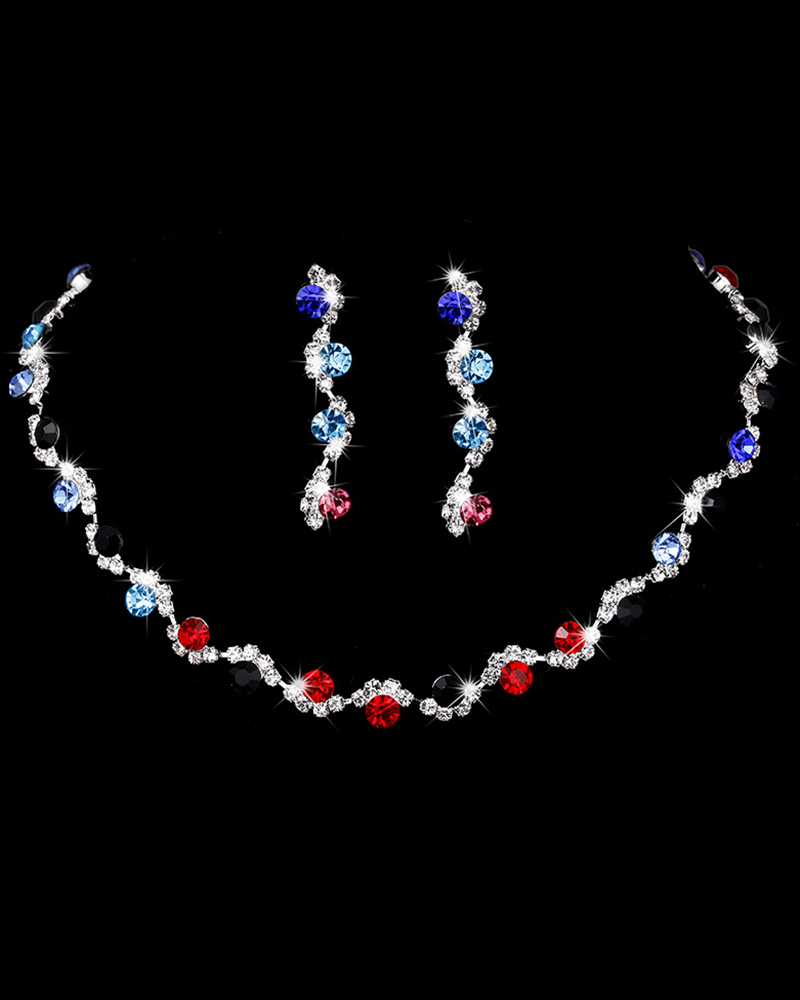 

2PCS Rhinestone Wave Chain Necklace & Stud Drop Earrings Evening Party Wedding Jewelry Set, Multicolor