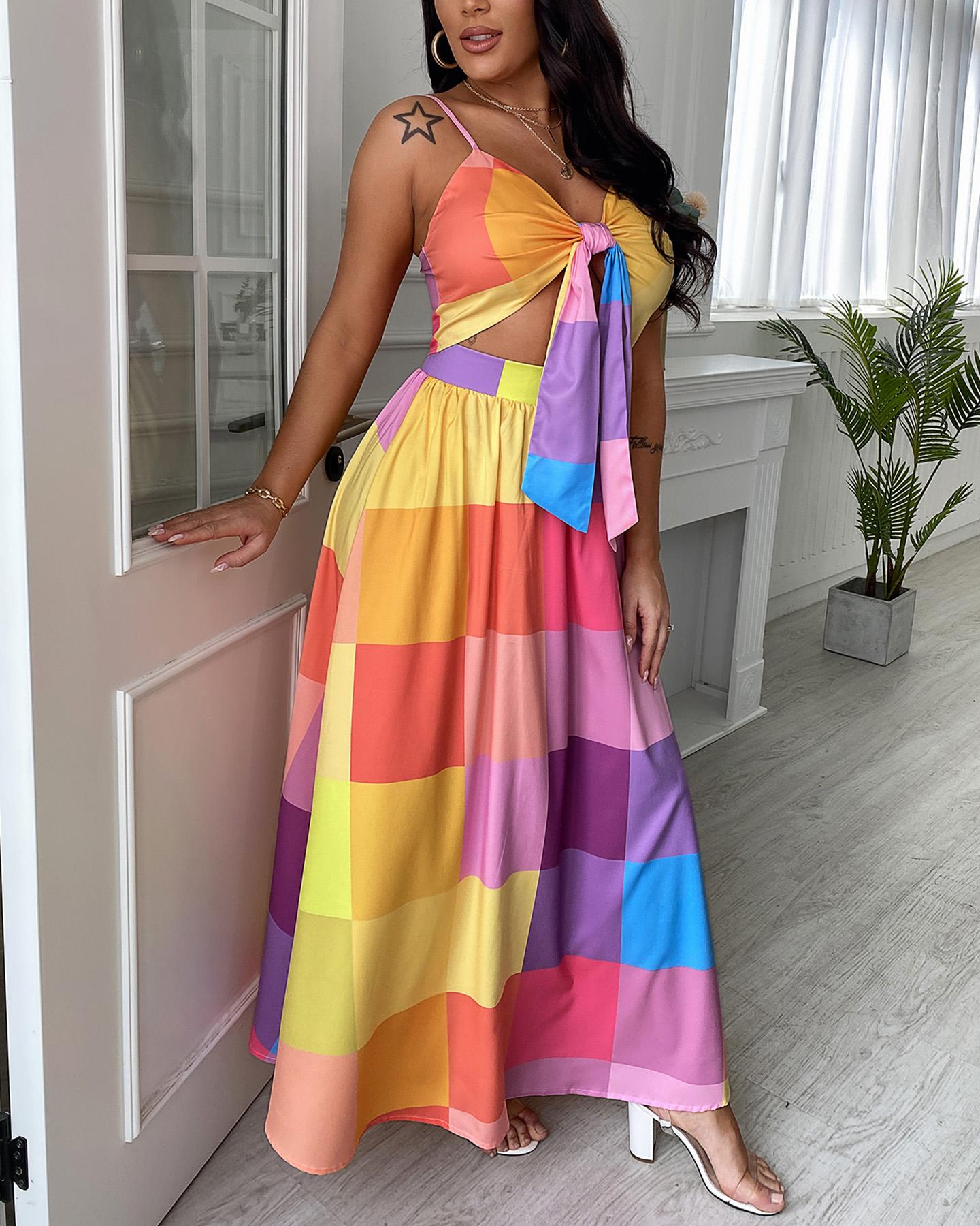 

All Over Print Spaghetti Strap Top & Maxi Skirt Set, Multicolor