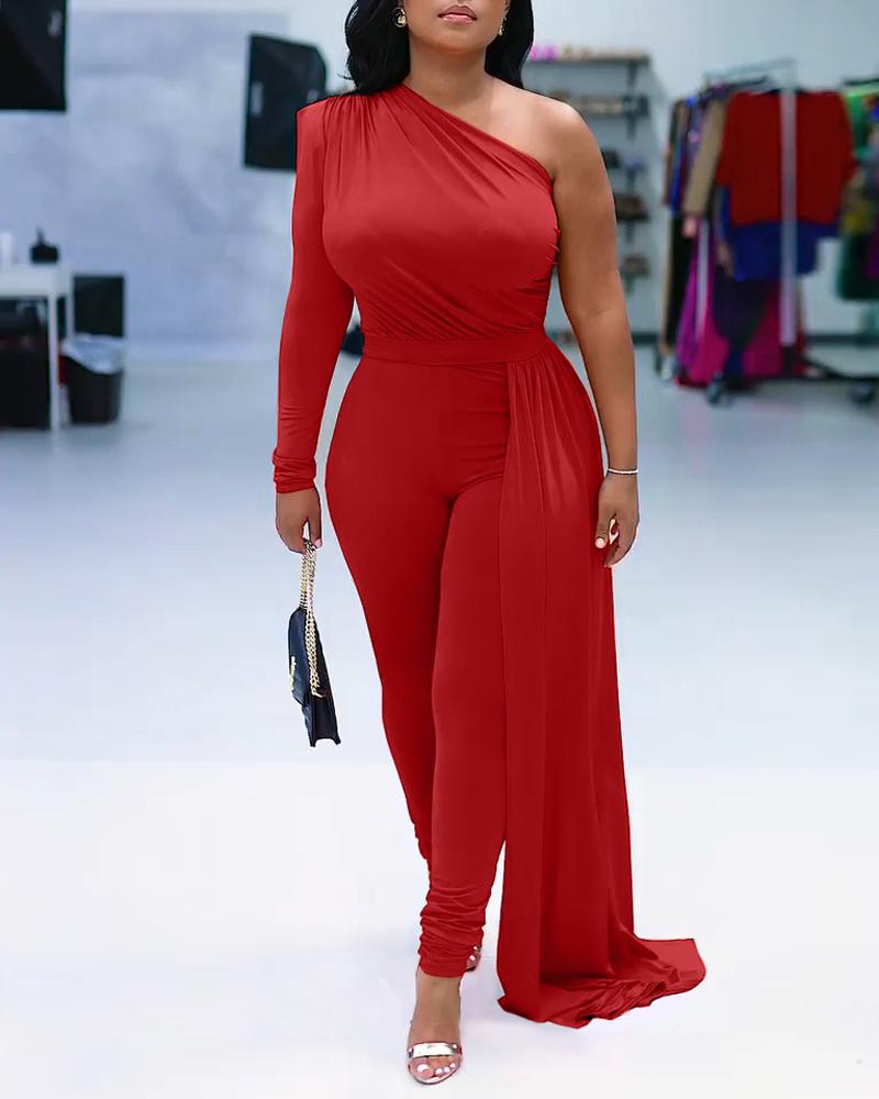 

One Shoulder Draped Detail Ruched Jumpsuit, Red