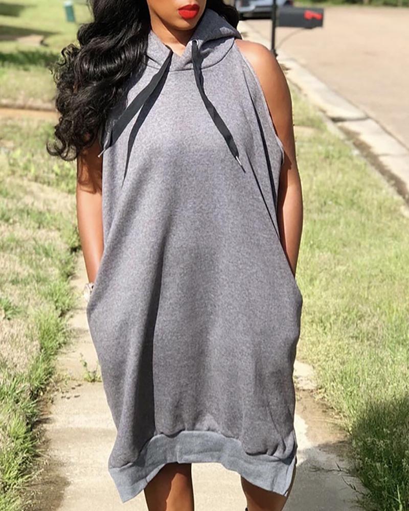 

Pocket Design Sleeveless Hooded Sweatshirt Dress, Gray