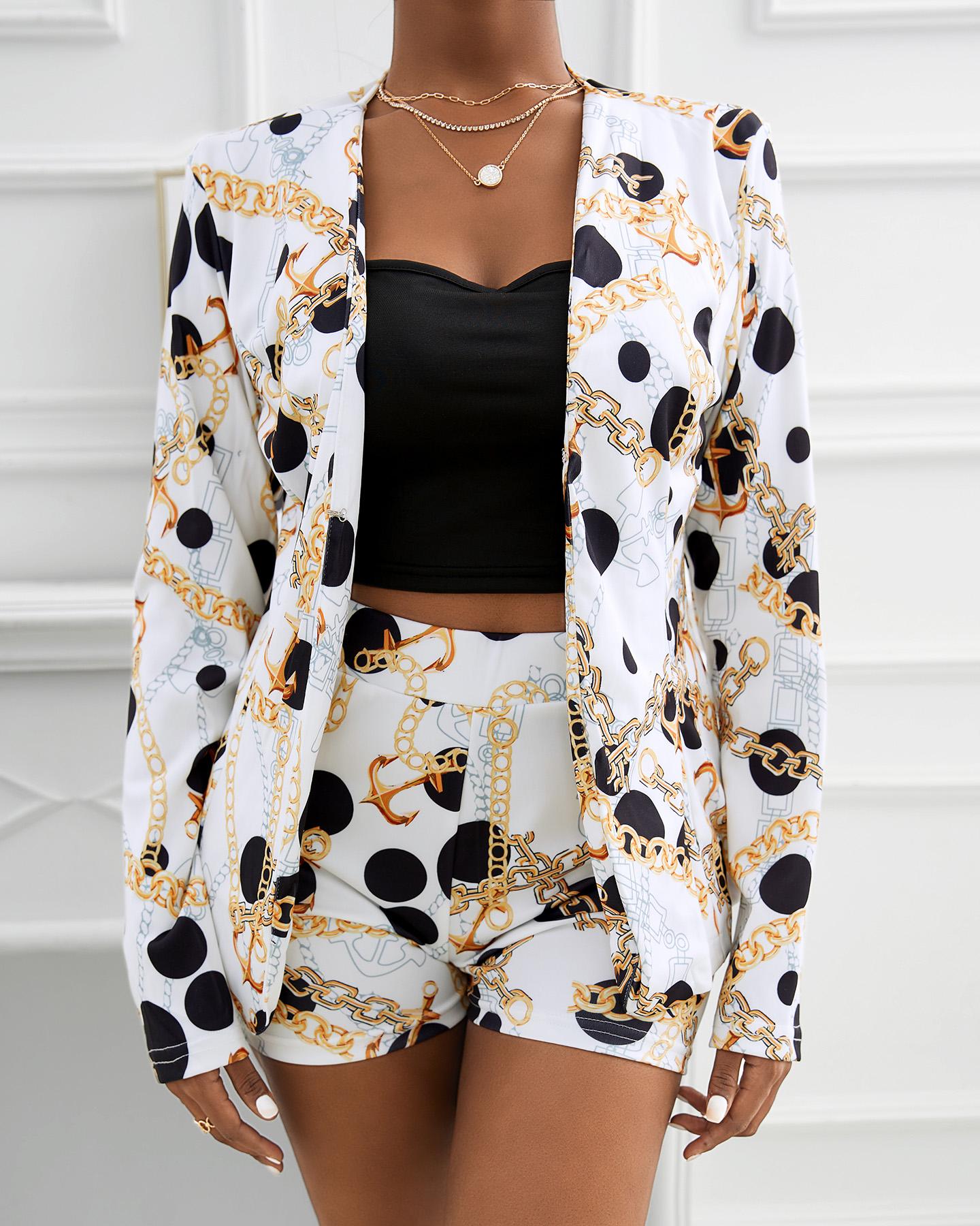

Chain Polka Dot Print Coat & Shorts Sets, Black