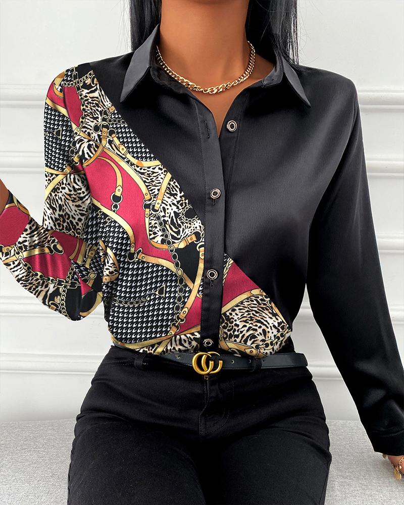 

Chain Houndstooth Print Buttoned Shirt, Red
