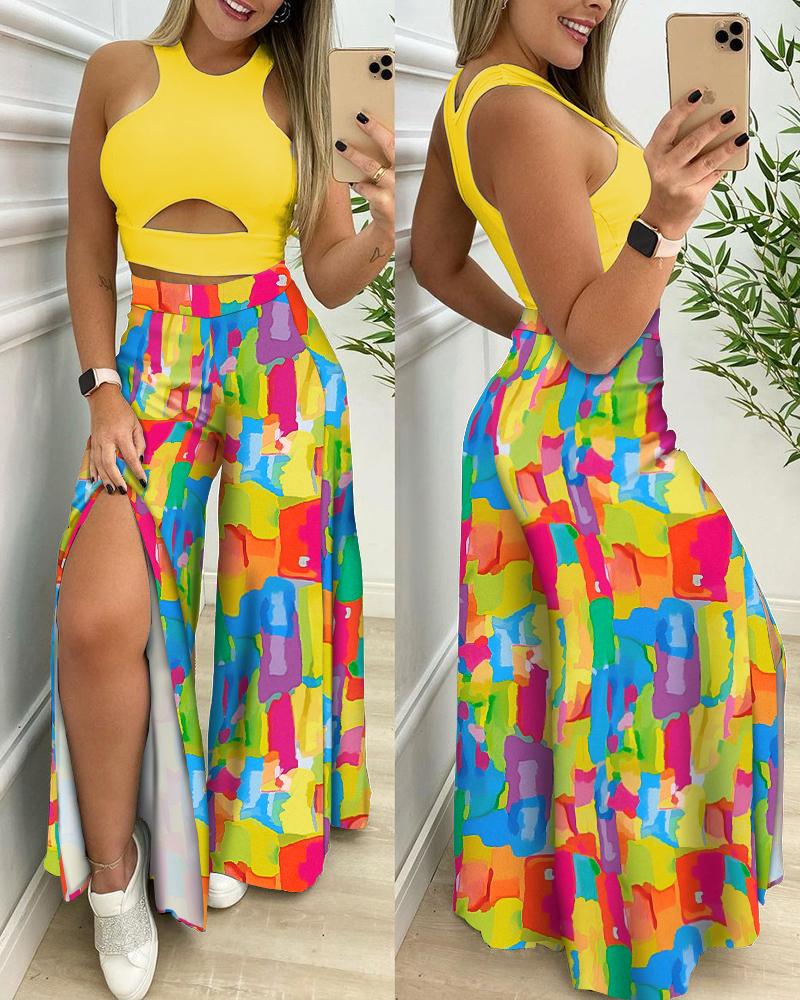 

Solid Cut-out Tank Top & Colorblock Split Wide Leg Pants Set, Yellow
