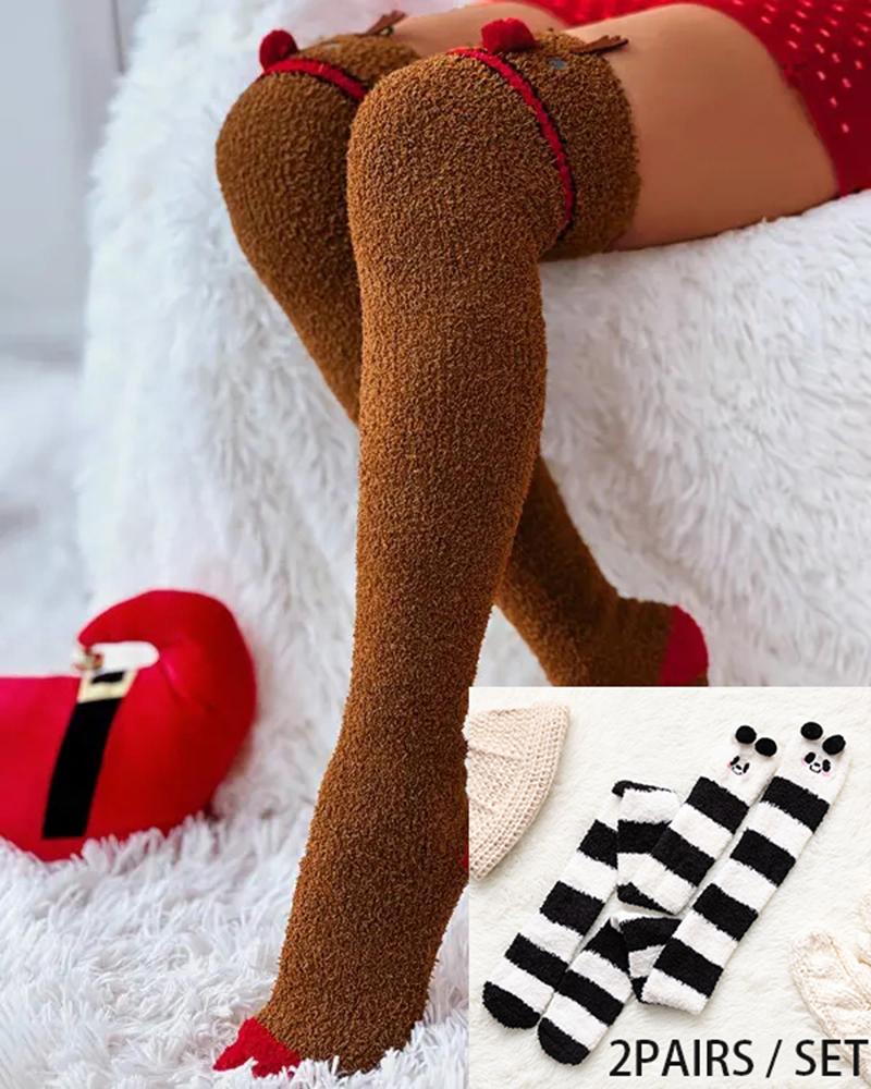 

2Pairs Christmas Cartoon Over The Knee Fuzzy Thermal Socks Set, Style3