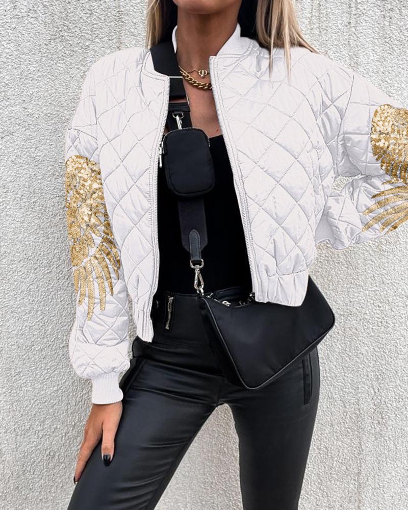 

Contrast Sequin Angel Wings Pattern Quilted Puffer Jacket, White