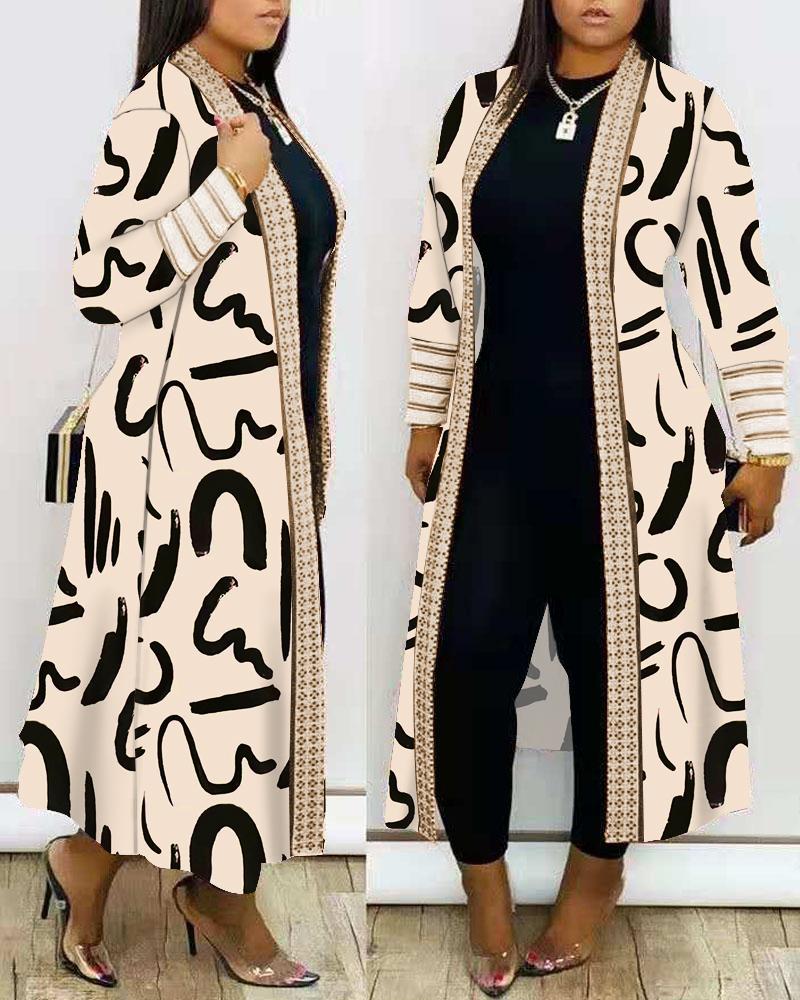 

Plus Size Abstract Print Open Front Longline Coat, Khaki