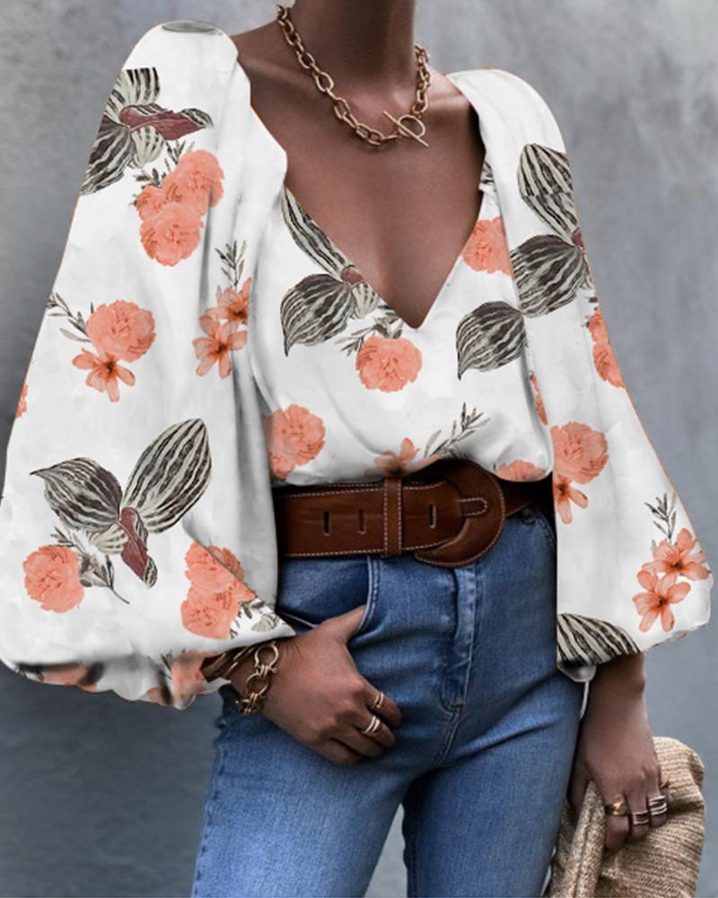 

Puff Lantern Sleeve Floral Print Top, White