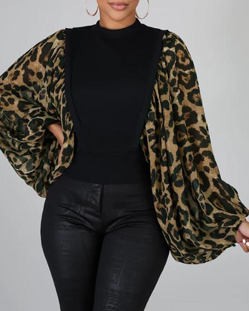 

Leopard Print Patchwork Lantern Sleeve Blouse, Black