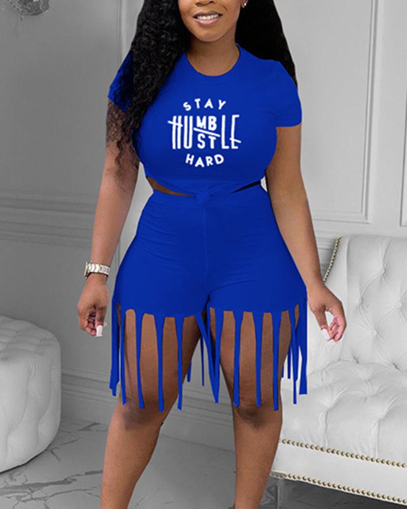 

Letter Print Short Sleeve T-shirt With Splicing Tassel Short Pants Suit Sets, Blue