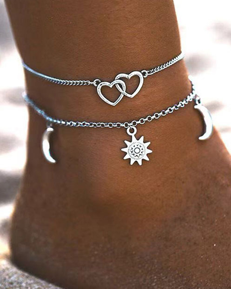 2pcs Double Heart Galaxy Moon Sun Pendant Anklets Set