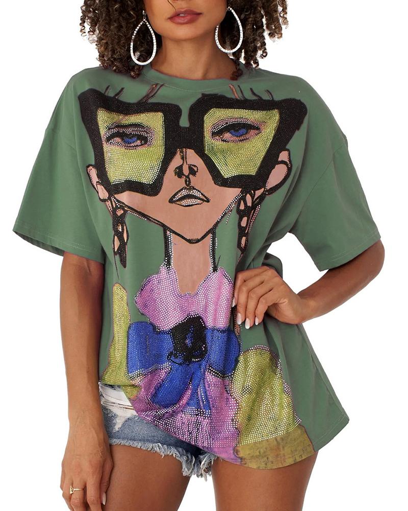 

Cartoon Figure Half Sleeve Casual T-shirt, Green