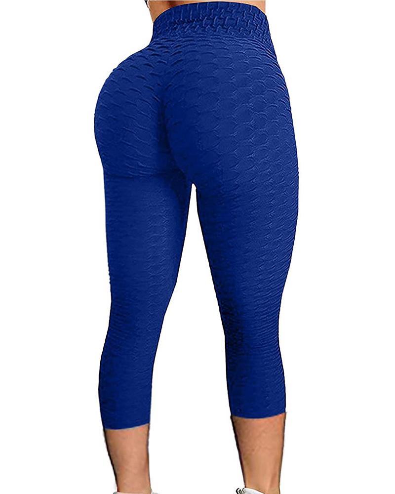 

High Waisted Textured Tummy Control Butt Lifting Yoga Pants, Blue