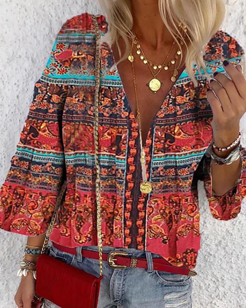 

Boho Scarf Print Long Sleeve Blouse, Red