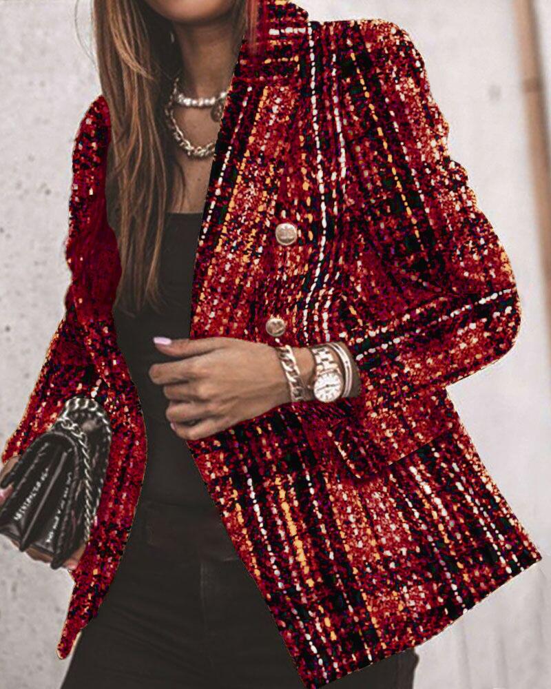 

Plaid Double Breasted Flap Detail Tweed Blazer, Red