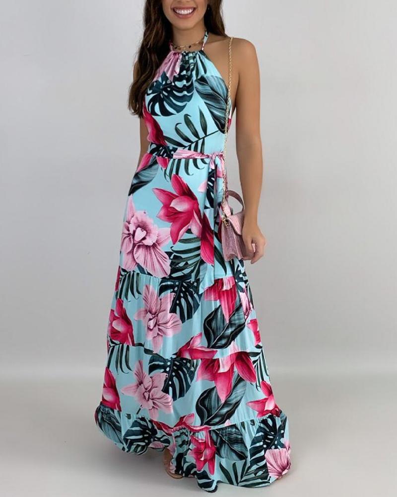 

Vacation Style Floral Print Halter Sleeveless Maxi Dress, Blue