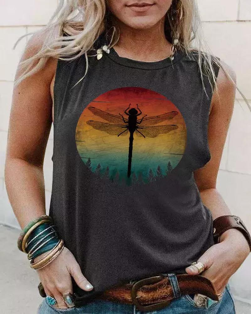 

Plus Size Landscape Dragonfly Print Casual Tank Top, Dark grey