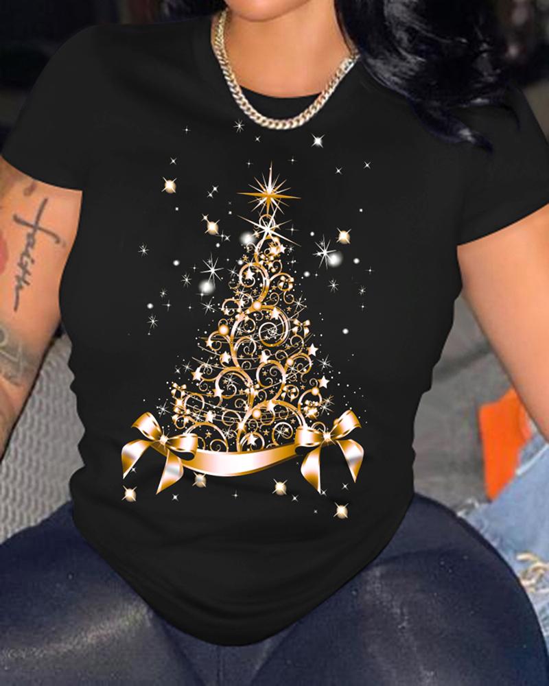 

Christmas Tree Print Casual T-shirt, Black