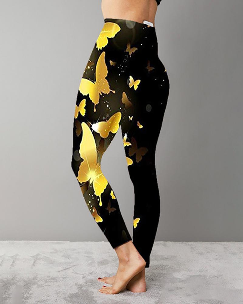 

Butterfly Print High Waist Skinny Sporty Leggings, Gold
