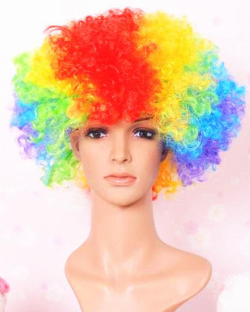 

Rainbow Stripe Cosplay Funny Clown Curly Afro Synthetic Hair Wig, Multicolor