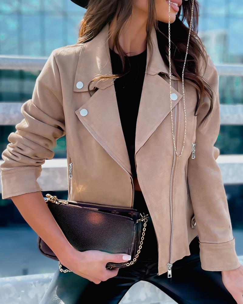 

Long Sleeve Zipper Design Button Decor Coat, Apricot