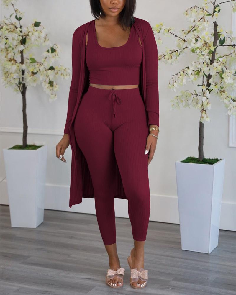 

3PCS Ribbed Crop Tank Top & Pants Set With Coat, Wine red