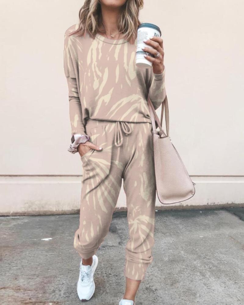 

Tie Dye Daisy Print Top & Drawstring Pants Set, Coffee