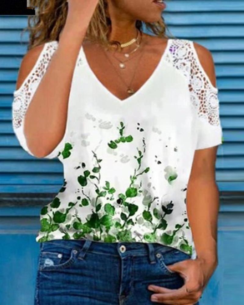 

Plants Print Contrast Lace Cold Shoulder Top, Green