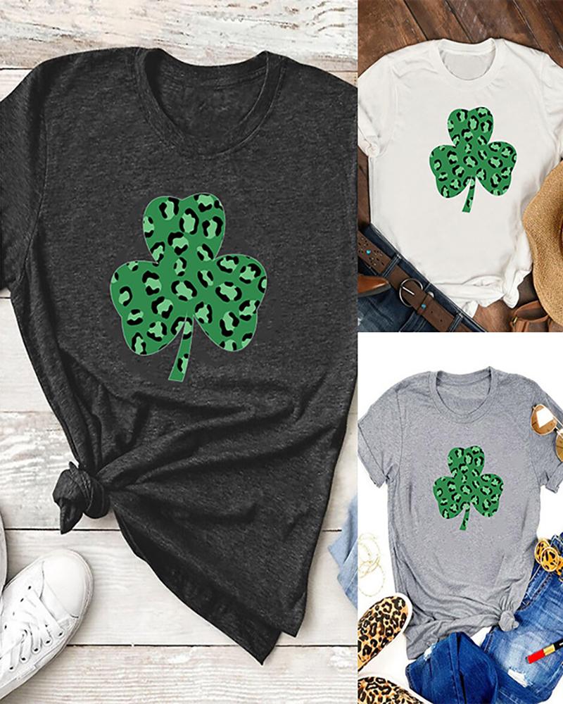 

St.Patrick' Day Clover Print Short Sleeve T-Shirt, Black