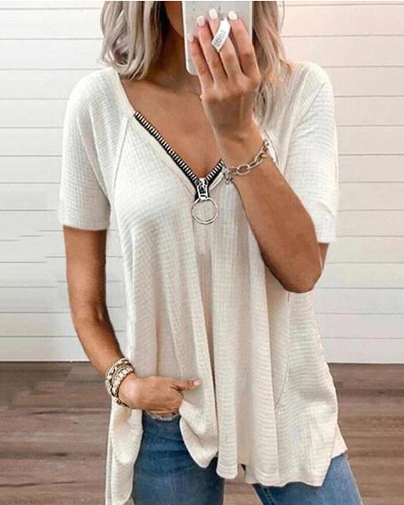 

Short Sleeve Zipper Design Ruched Top, White