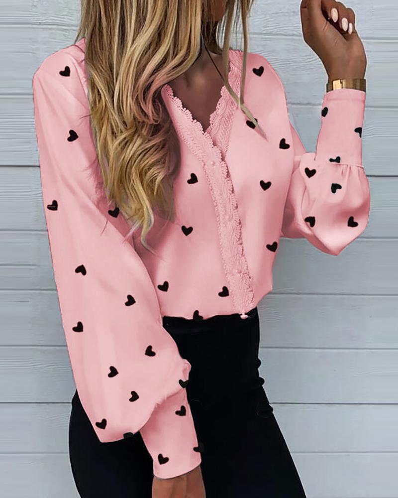 

Heart Print Lantern Sleeve Shirt, Pink