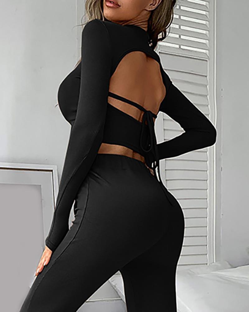 

Backless Crop Top & Slit Wide Leg Pants Set, Black
