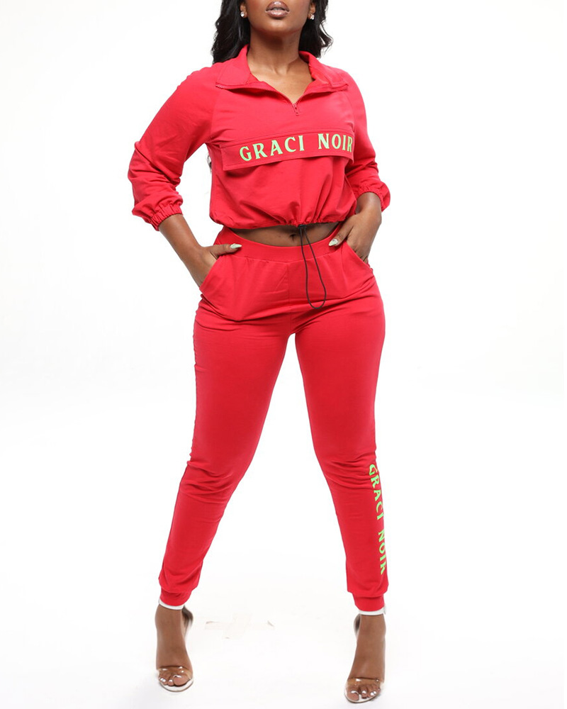 

Letter Print Zipper Drawstring Crop Top & Pocket Design Pants Set, Red