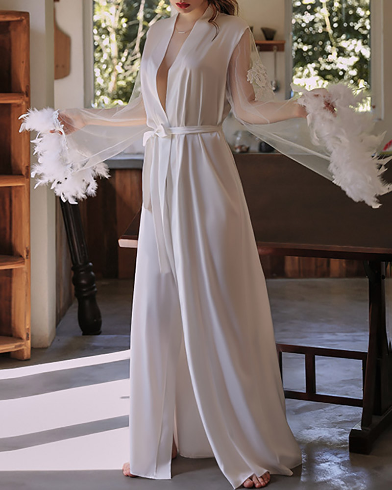 

Feather Detail Bell Sleeve Sheer Mesh Satin Robe, White