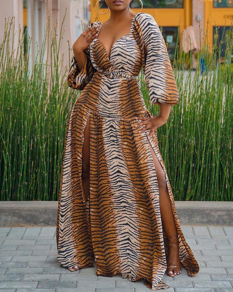 

Leopard Print Lantern Sleeve High Slit Maxi Dress