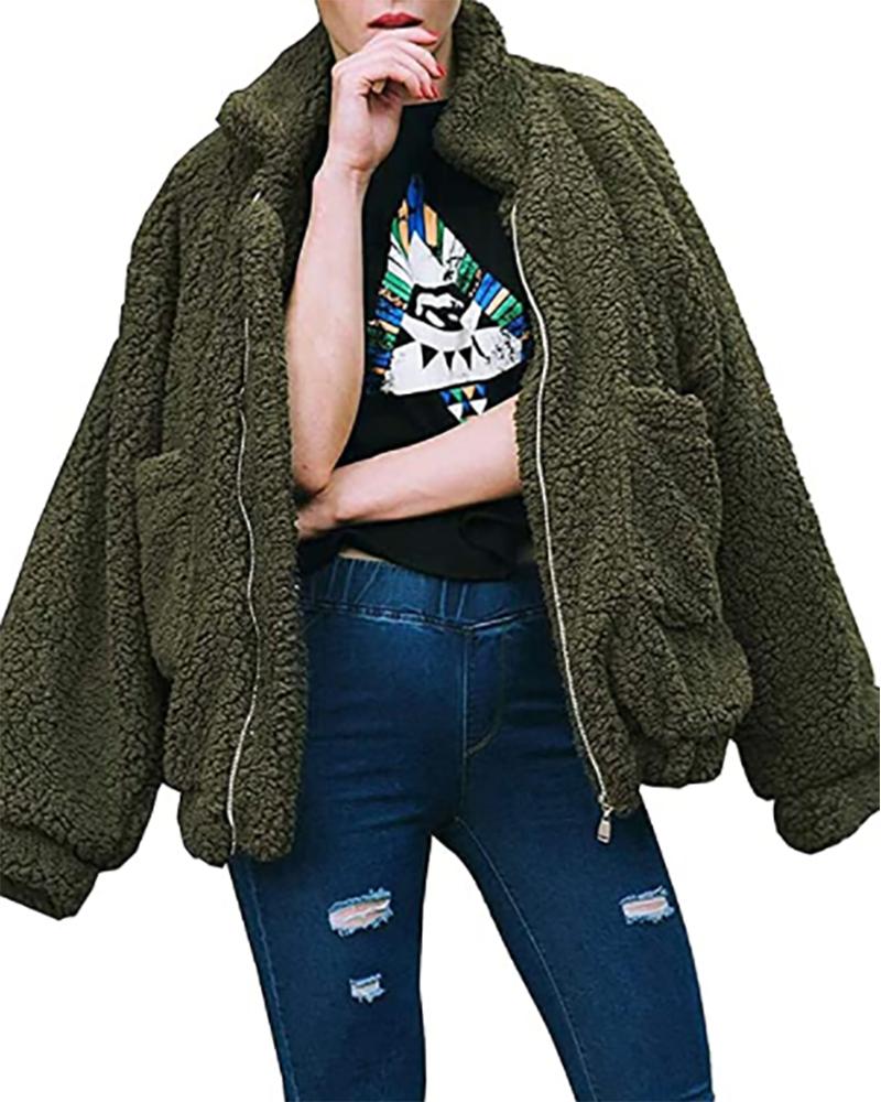 

Long Sleeve Zip Front Pocket Design Teddy Coat, Army green