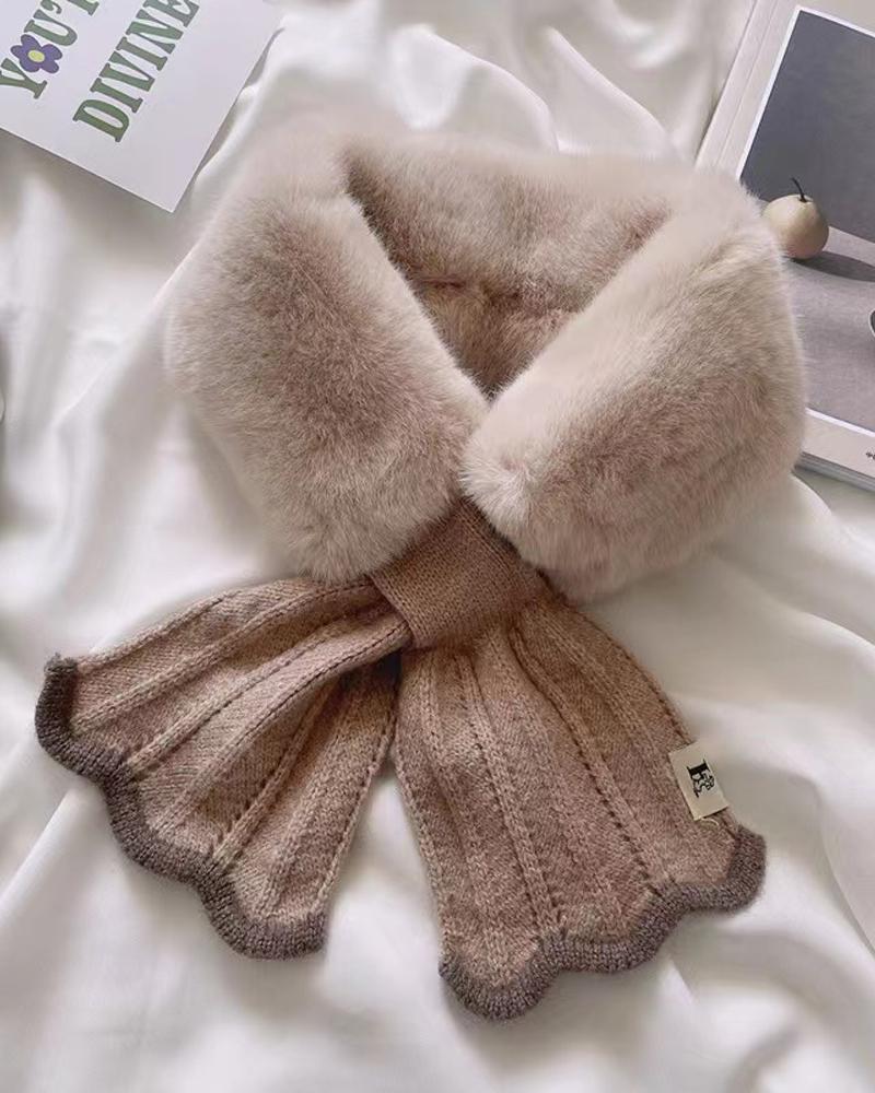

1pc Colorblock Warm Soft Fuzzy Wrap Around Loophole Scarf, Beige