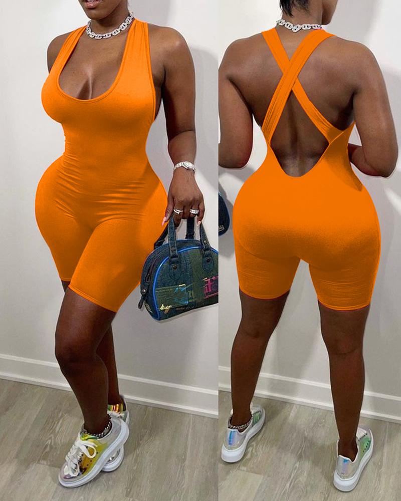 

Halter Crisscross Backless Skinny Romper, Orange