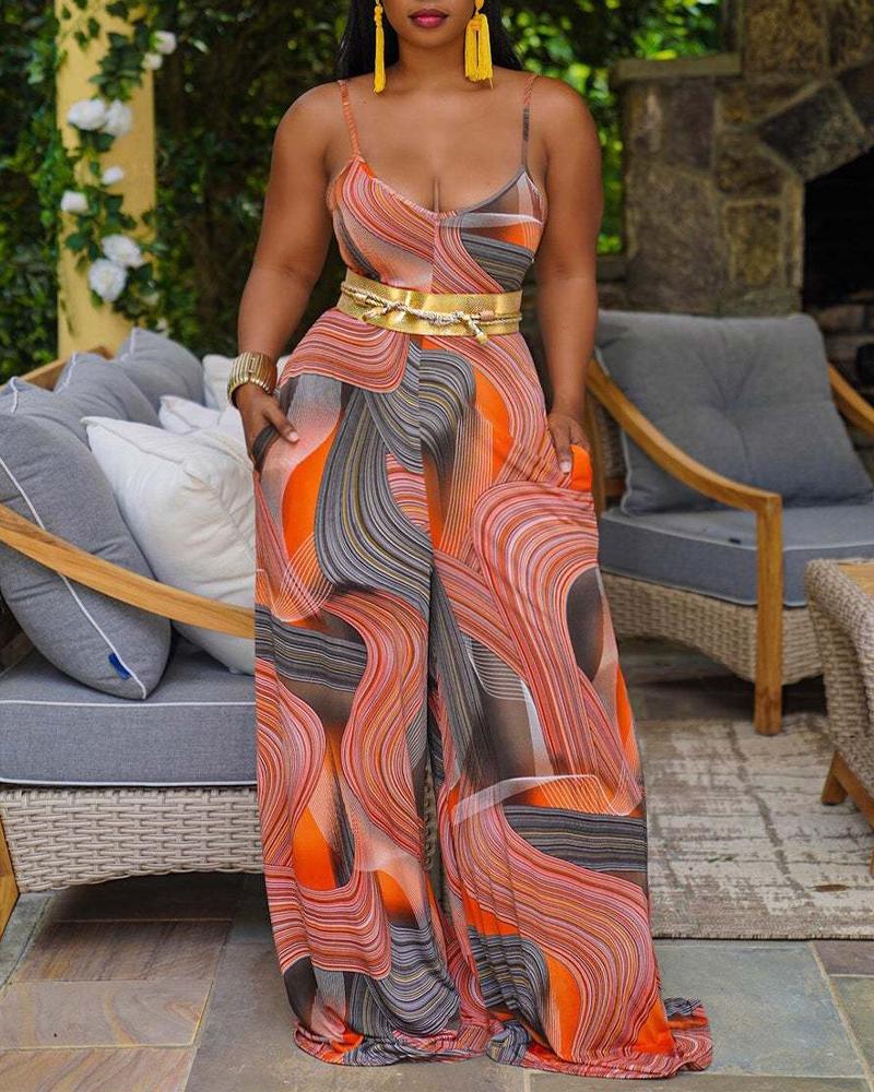 

Allover Print Spaghetti Strap Wide Leg Jumpsuit, Orange