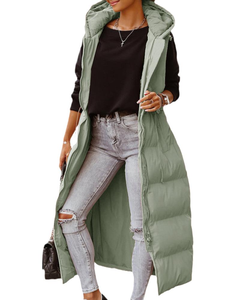 

Drawstring Sleeveless Hooded Quilted Puffer Coat, Light green